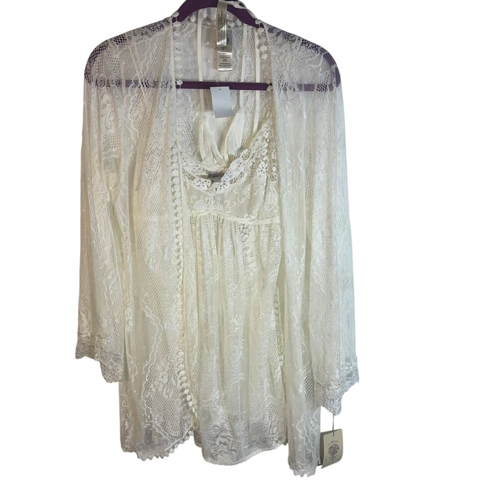 NWT In Bloom by Jonquil Ivory Lace Chemise Robe 2 Piece Lingerie Set Large